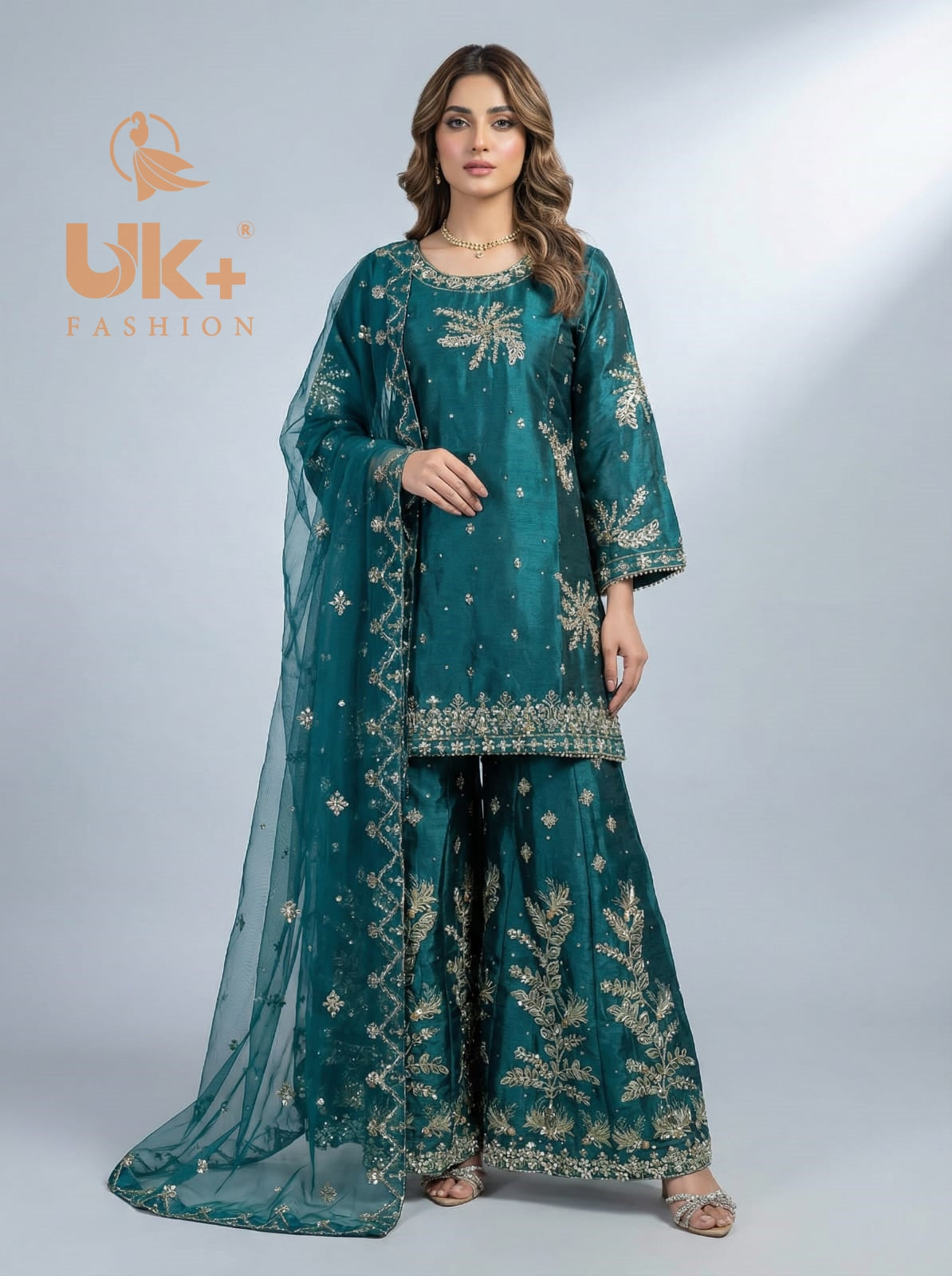 3Pc Embroided Sheesha Silk Shirt, Plazo, Dupatta