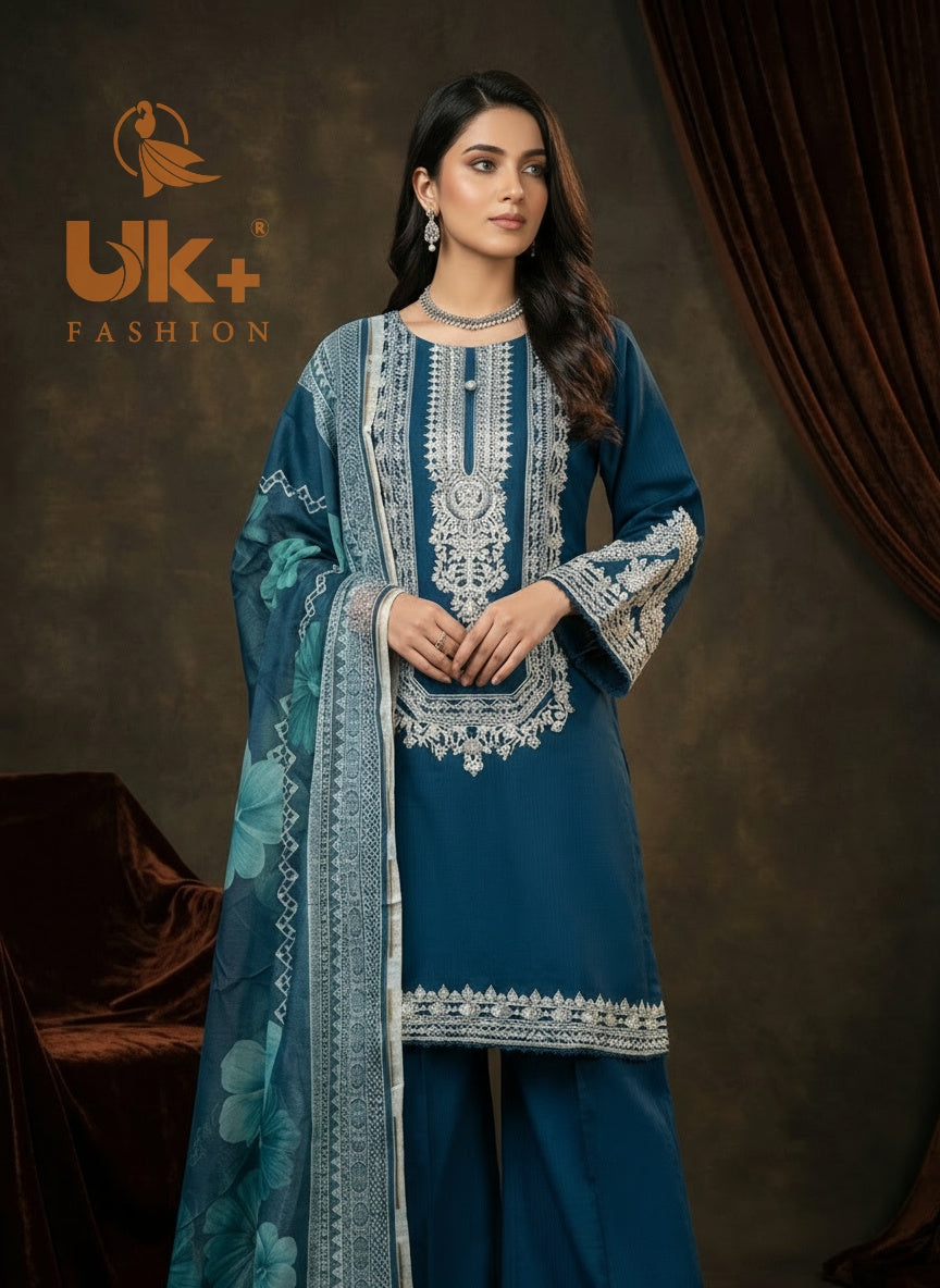 3Pc Embroidered Cotton Shirt, Farshi Shalwar, Dupatta