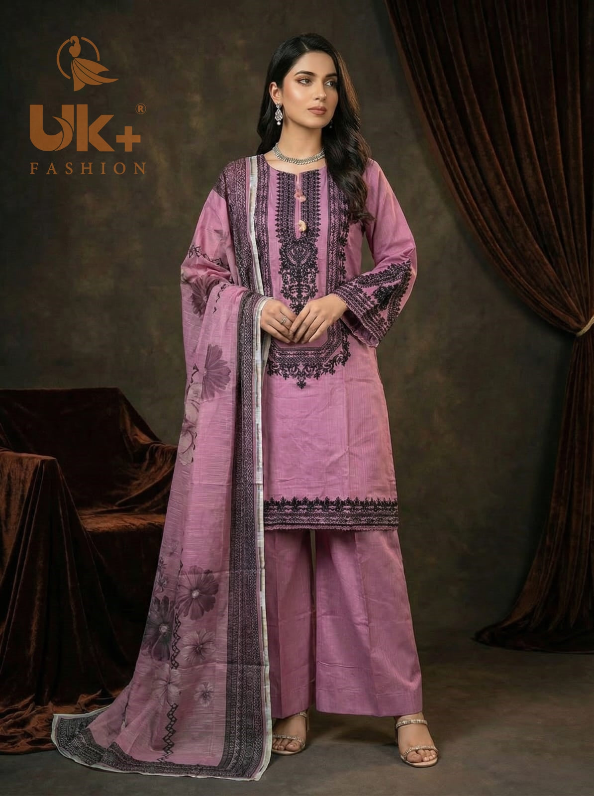 3Pc Embroidered Cotton Shirt, Farshi Shalwar, Dupatta