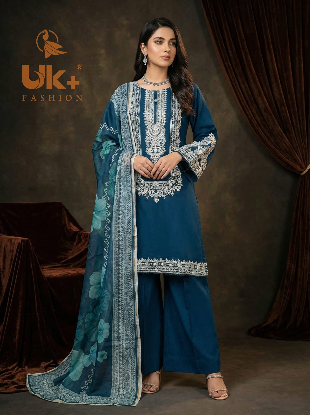 3Pc Embroidered Cotton Shirt, Farshi Shalwar, Dupatta