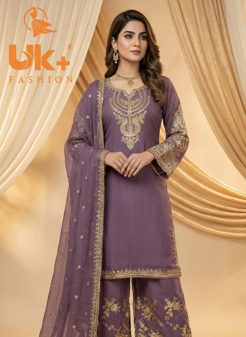 3Pc Embroidered Chiffon, Plazo, Dupatta