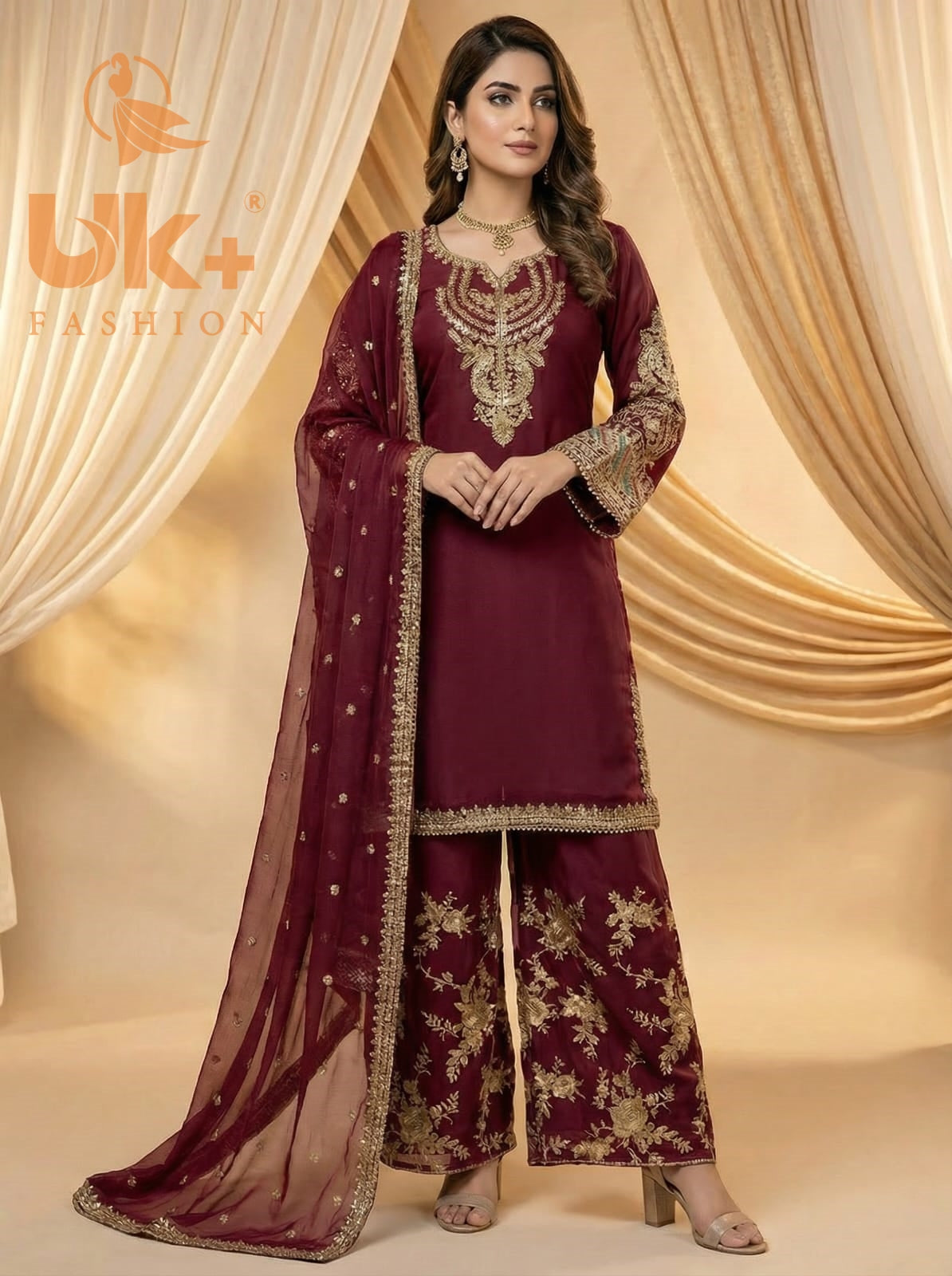 3Pc Embroidered Chiffon, Plazo, Dupatta