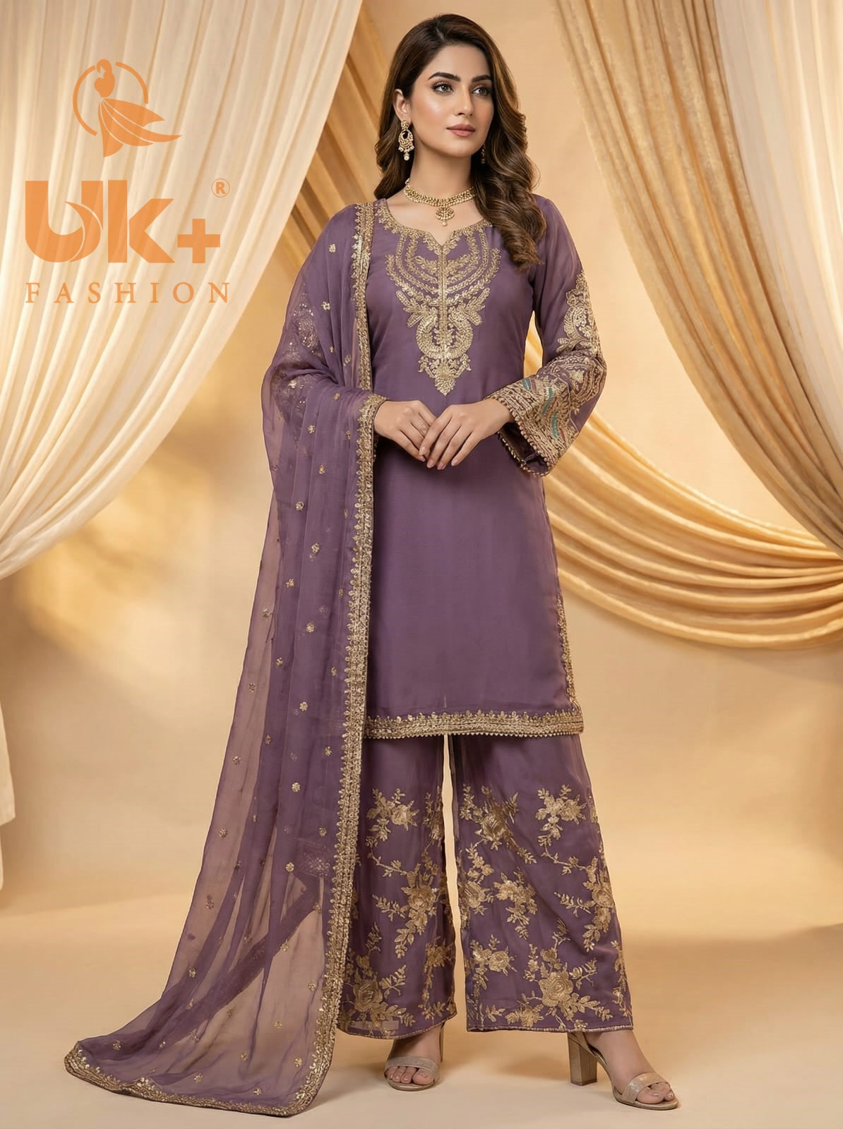 3Pc Embroidered Chiffon, Plazo, Dupatta