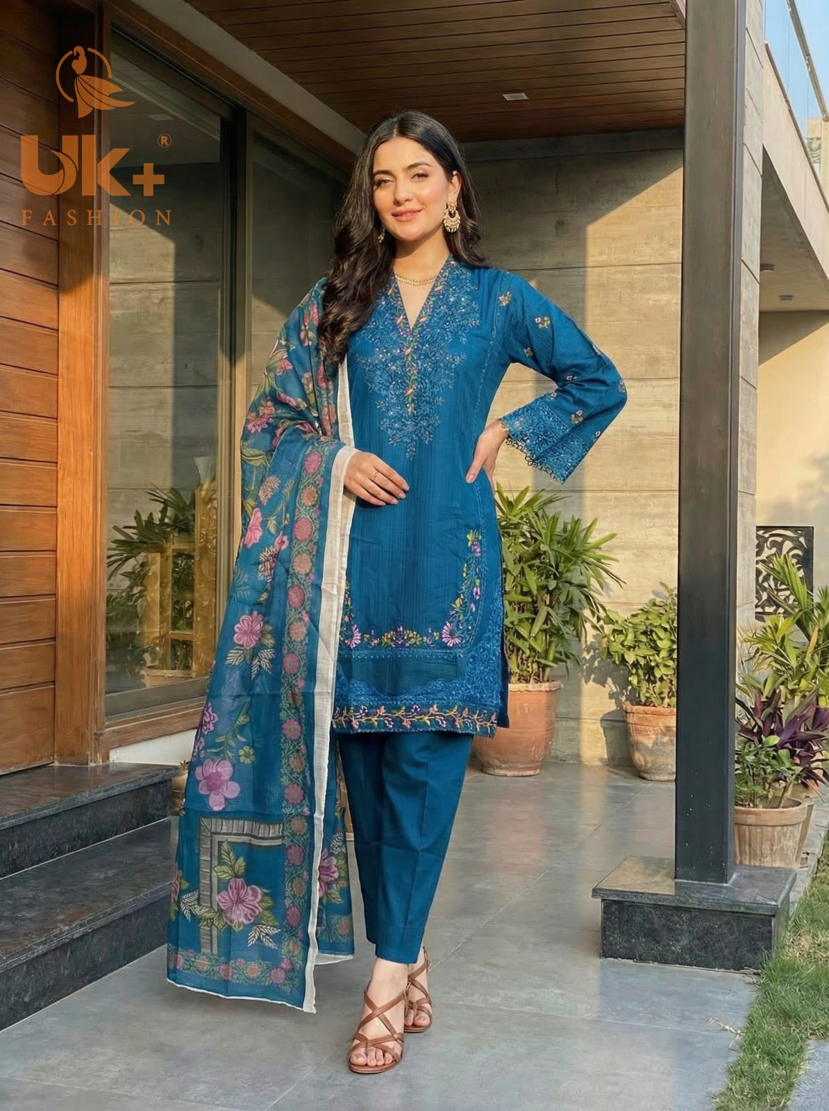 3Pc Embroidered Cotton Shirt, Trouser, Dupatta