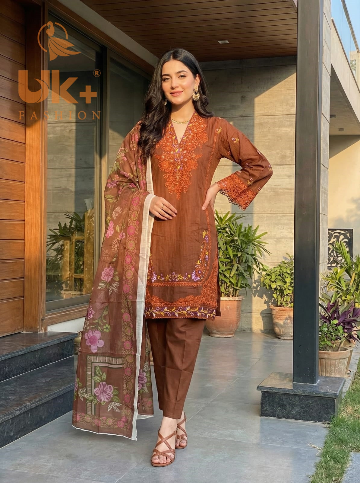 3Pc Embroidered Cotton Shirt, Trouser, Dupatta