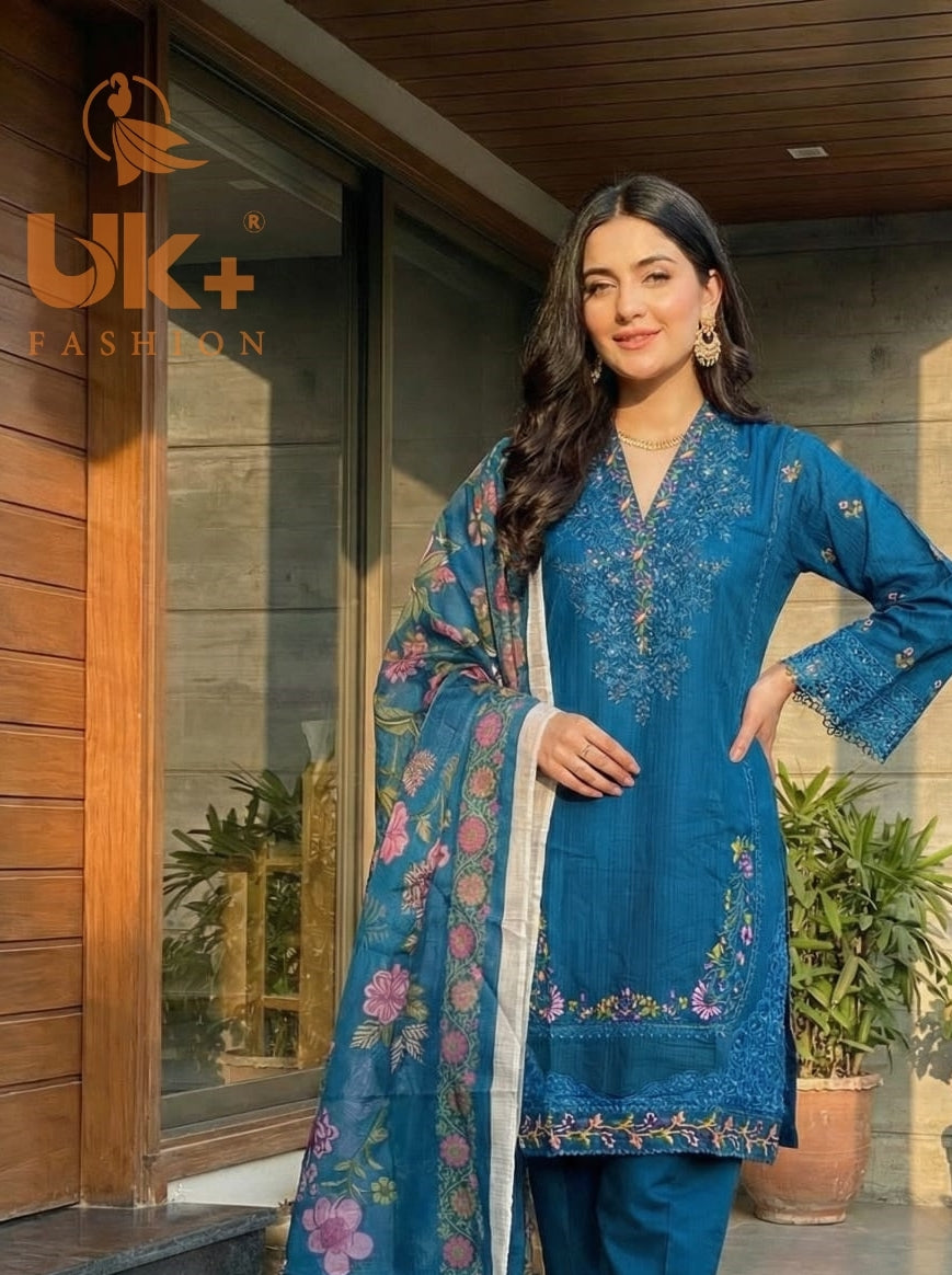 3Pc Embroidered Cotton Shirt, Trouser, Dupatta