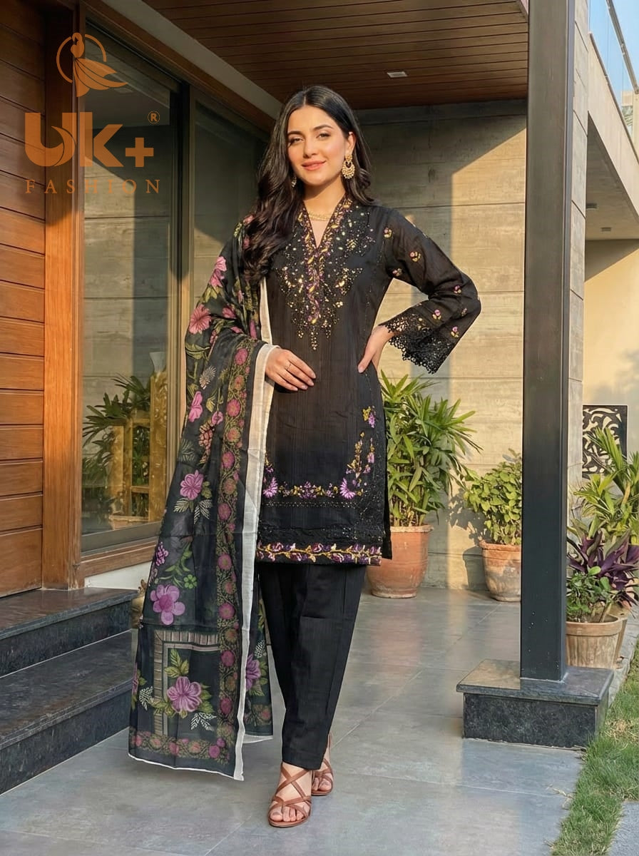 3Pc Embroidered Cotton Shirt, Trouser, Dupatta