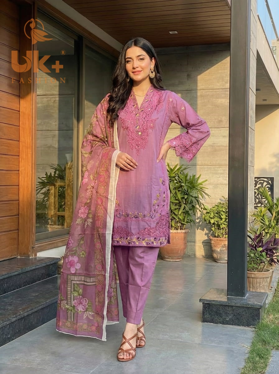 3Pc Embroidered Cotton Shirt, Trouser, Dupatta