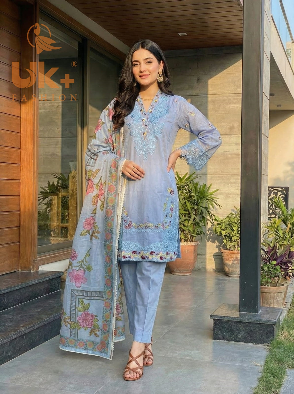 3Pc Embroidered Cotton Shirt, Trouser, Dupatta