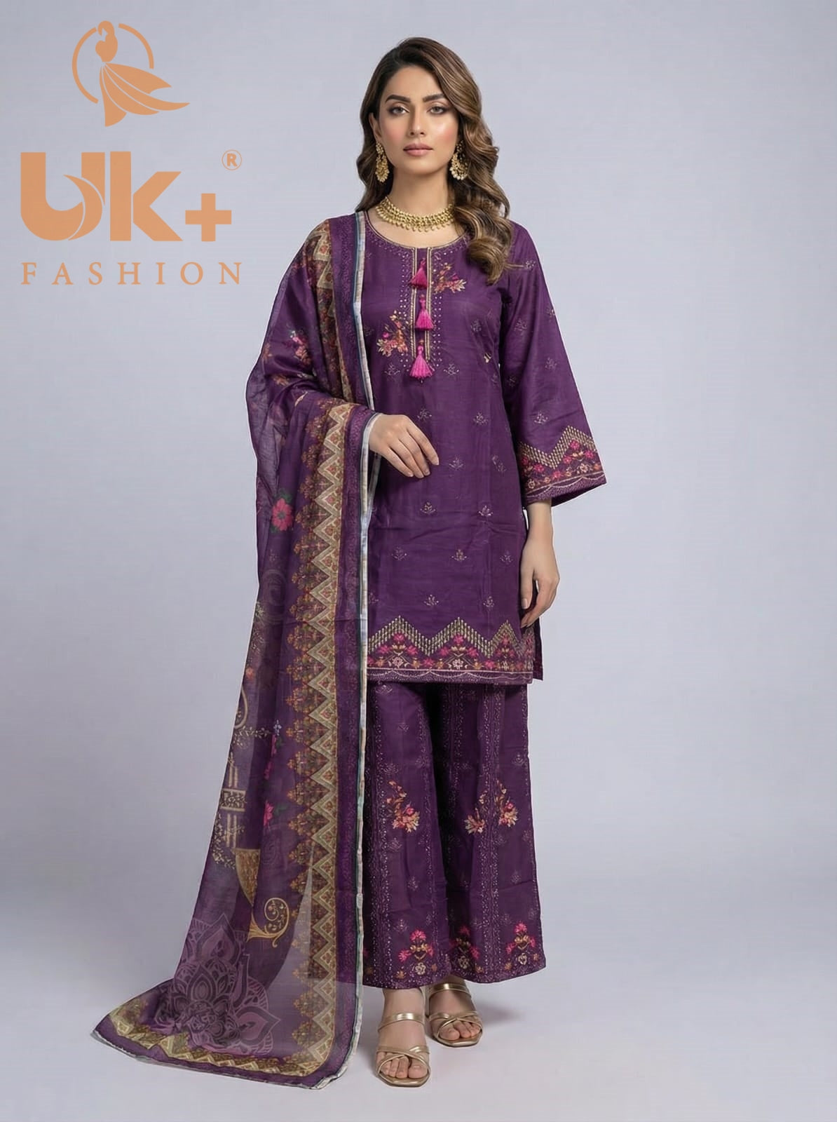 3Pc Embroidered Cotton Shirt, Plazo, Dupatta