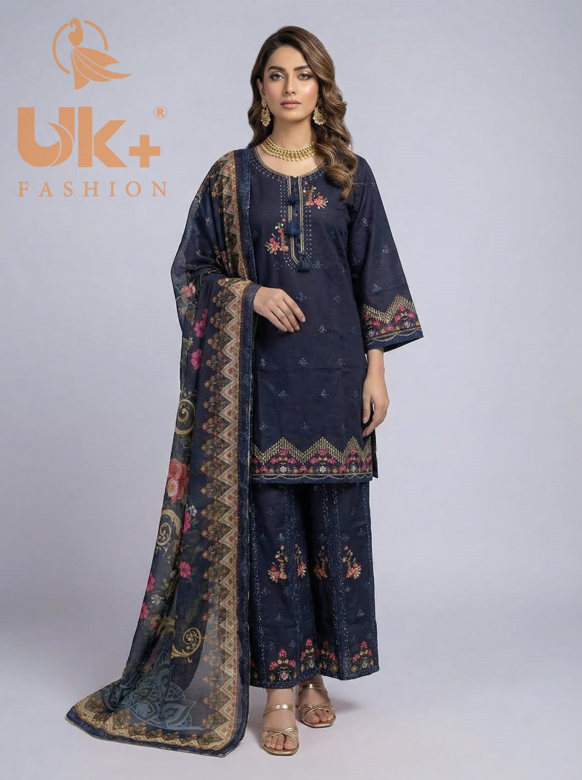 3Pc Embroidered Cotton Shirt, Plazo, Dupatta