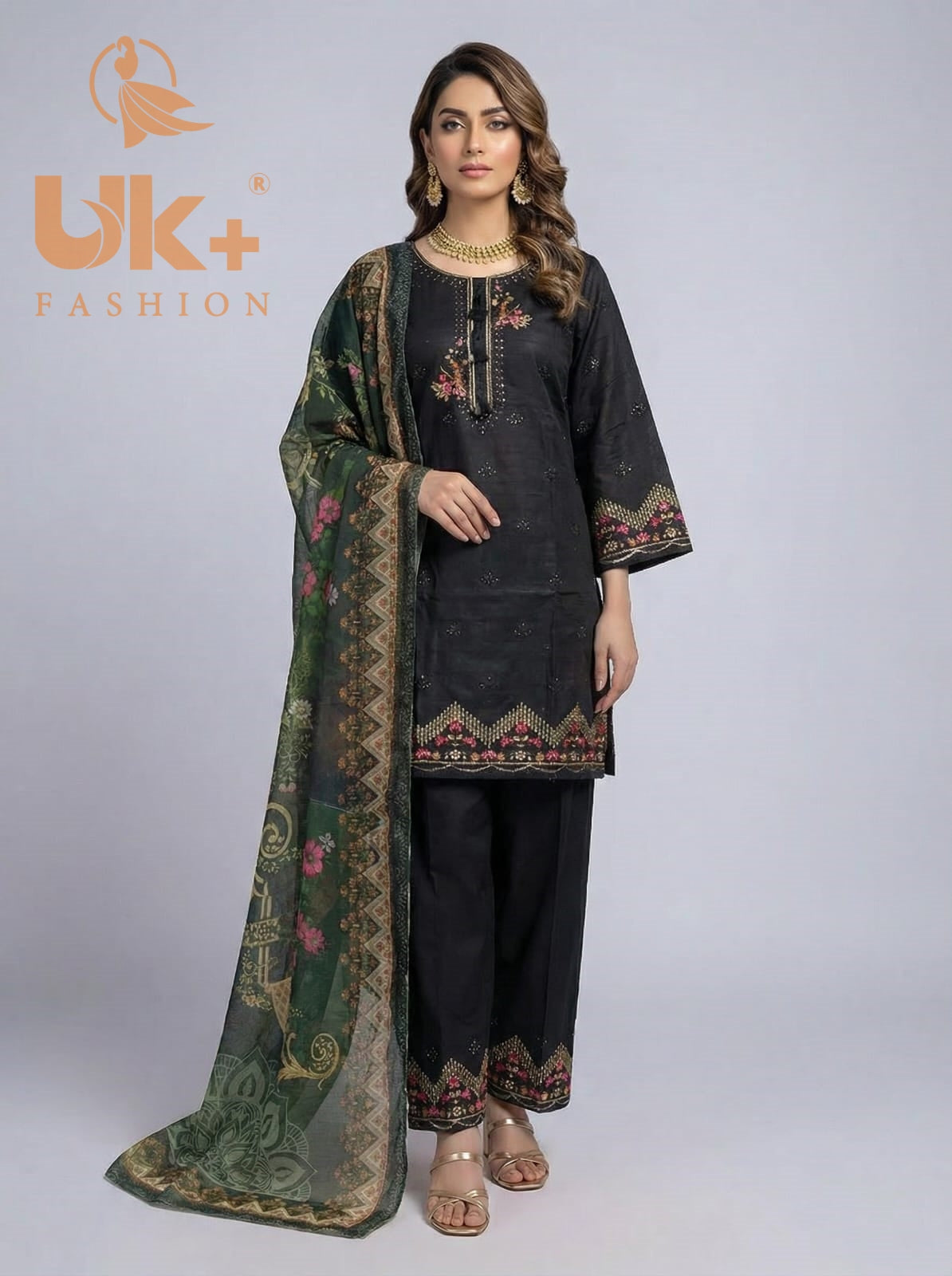 3Pc Embroidered Cotton Shirt, Plazo, Dupatta