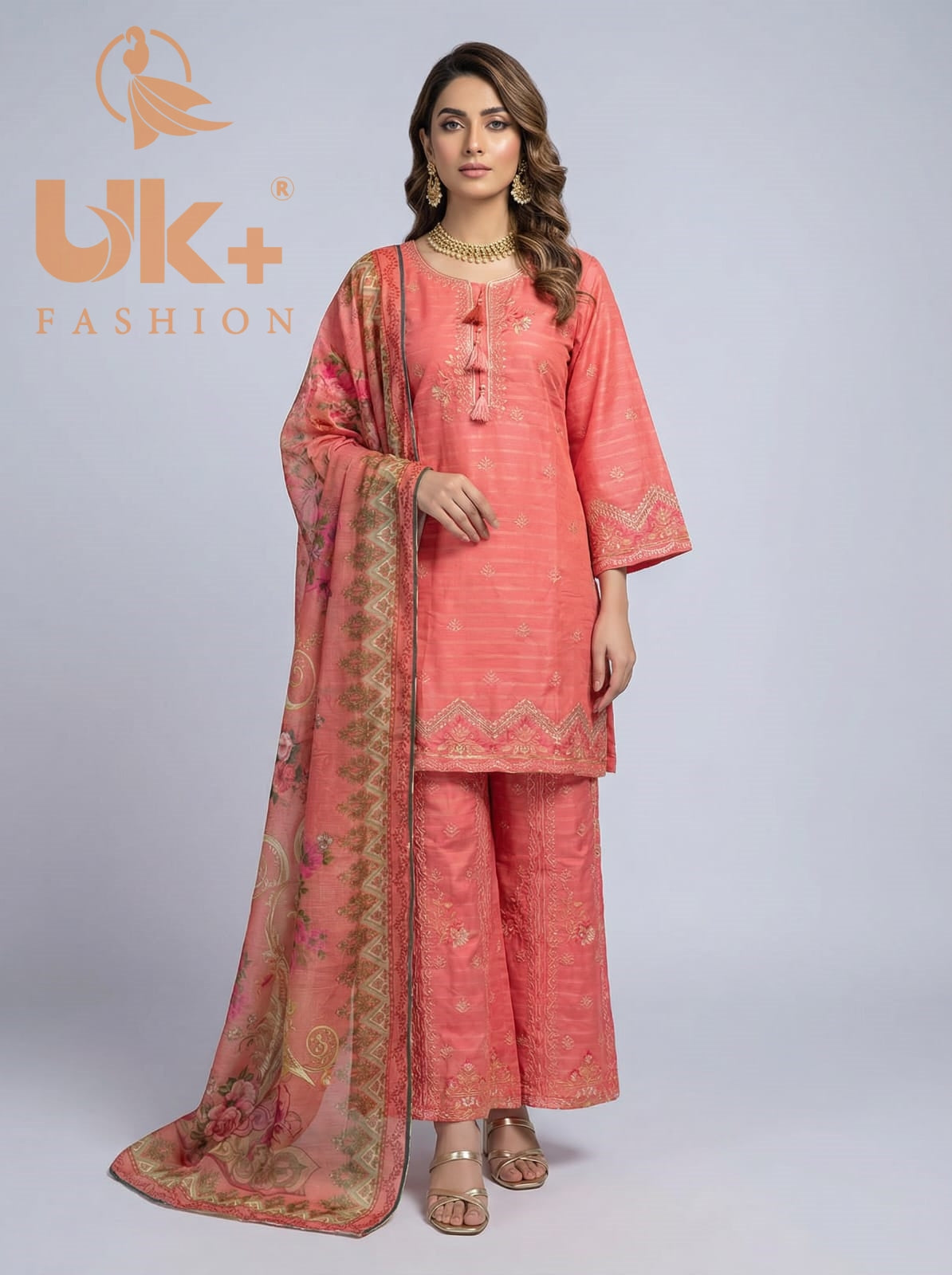 3Pc Embroidered Cotton Shirt, Plazo, Dupatta