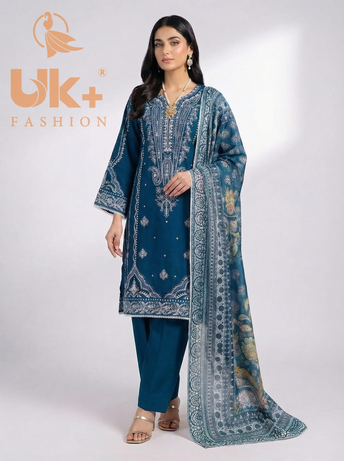 3Pc Embroidered Cotton Shirt, Trouser, Dupatta