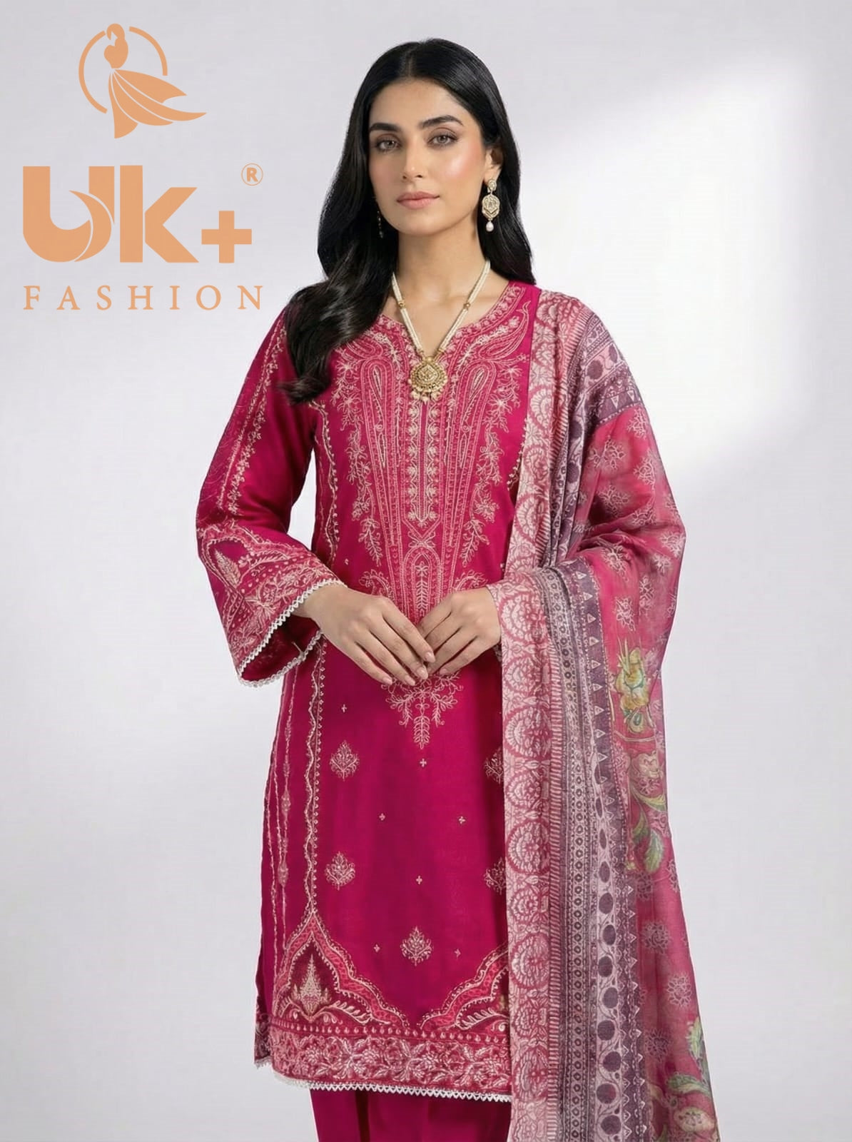 3Pc Embroidered Cotton Shirt, Trouser, Dupatta