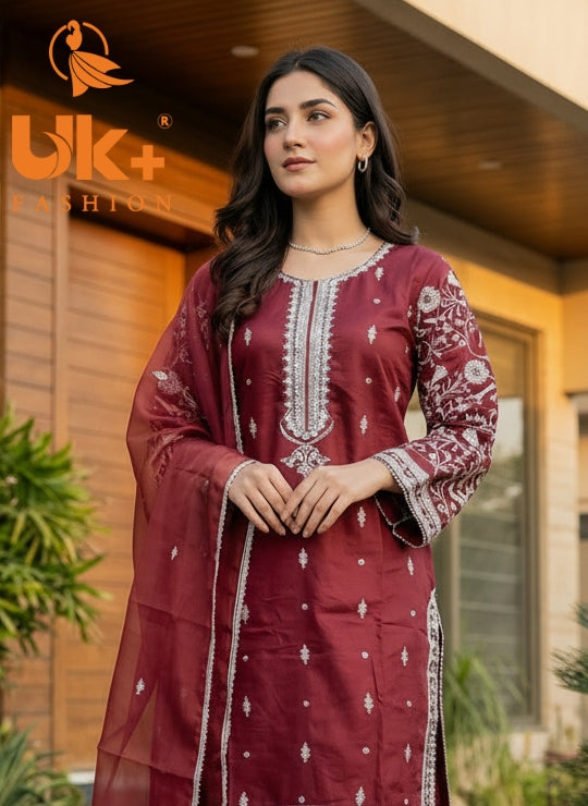 3Pc Embroidered Khaadi Shirt, Trouser, Dupatta
