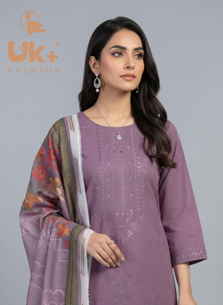 3Pc Embroidered Cotton Shirt, Trouser, Dupatta