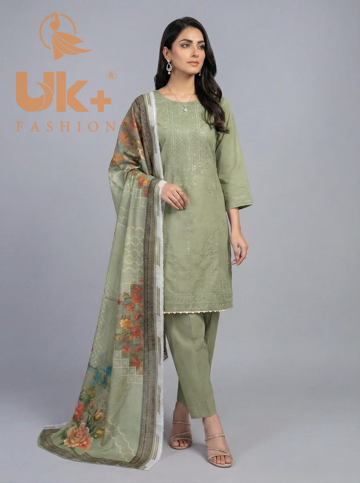 3Pc Embroidered Cotton Shirt, Trouser, Dupatta