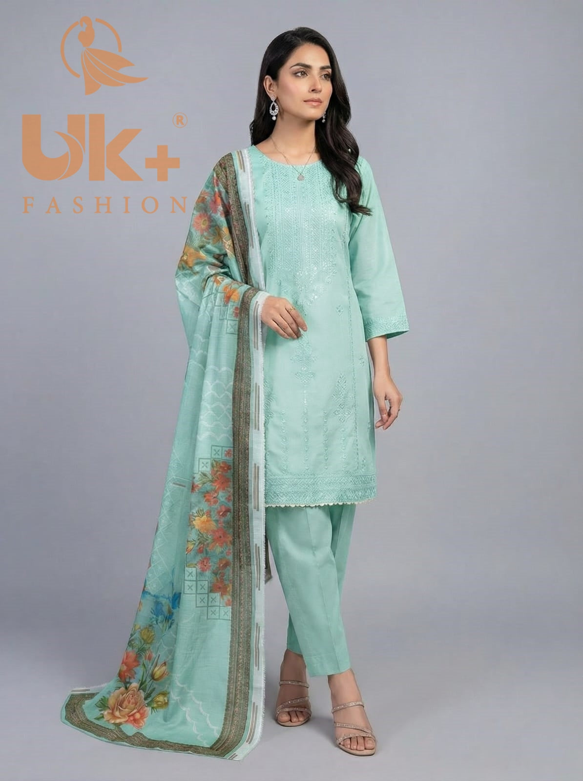 3Pc Embroidered Cotton Shirt, Trouser, Dupatta