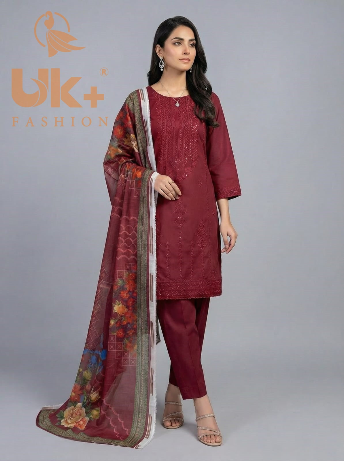 3Pc Embroidered Cotton Shirt, Trouser, Dupatta