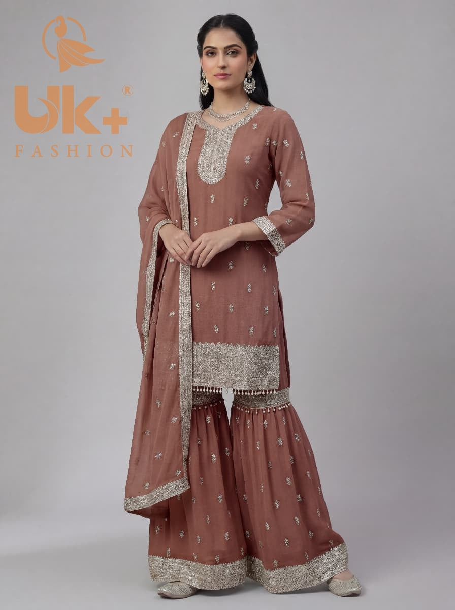 3Pc Embroided Chiffon Shirt, Gharara, Dupatta