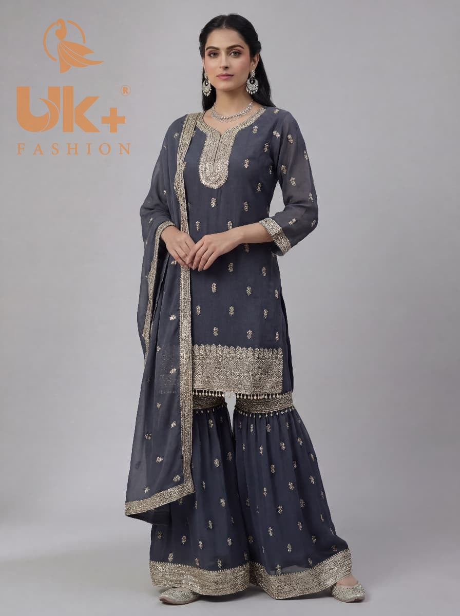 3Pc Embroided Chiffon Shirt, Gharara, Dupatta