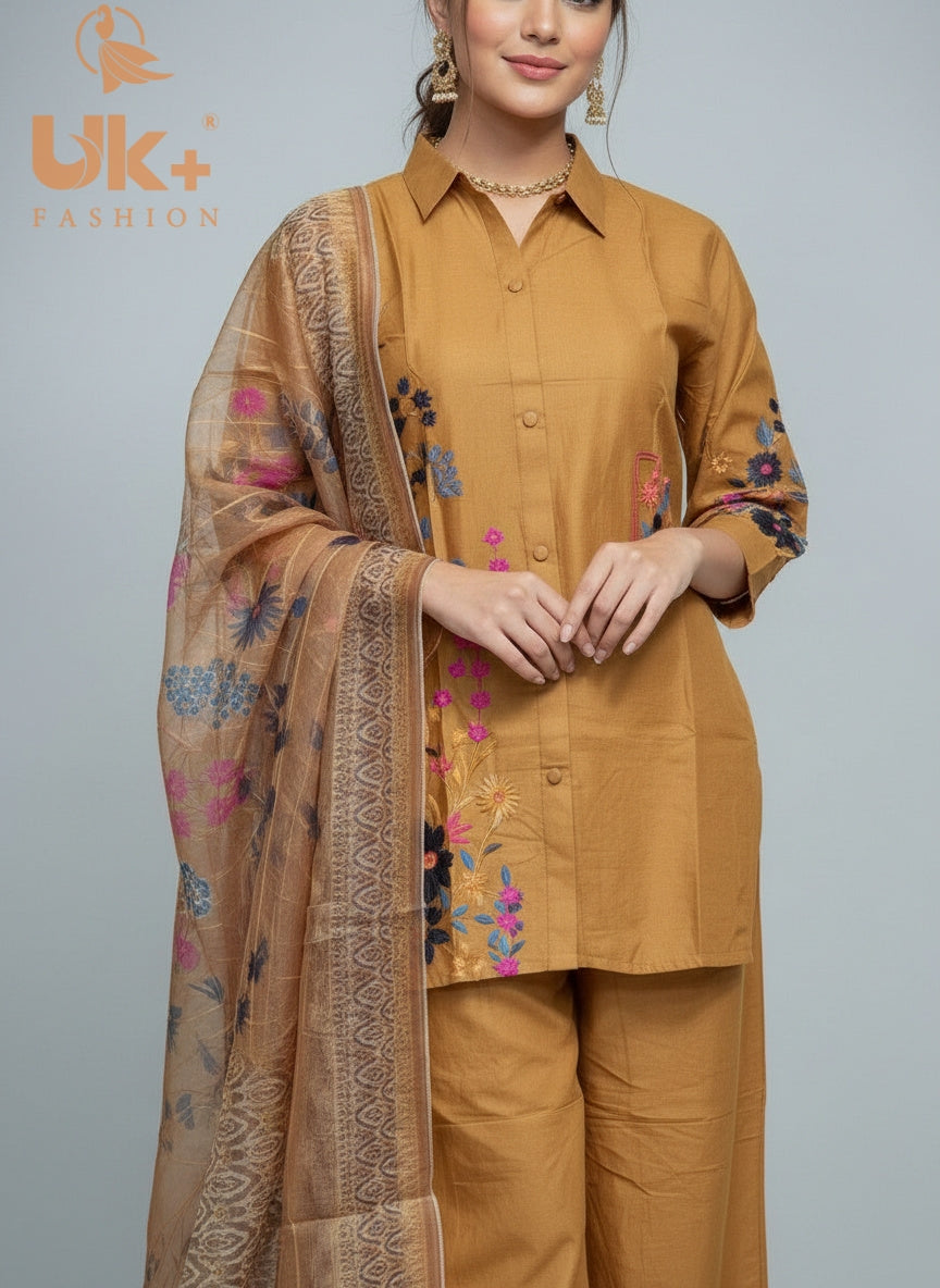 3Pc Embroidered Cotton Shirt, Plazo, Dupatta