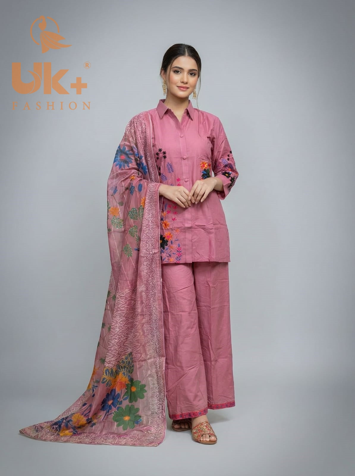 3Pc Embroidered Cotton Shirt, Plazo, Dupatta