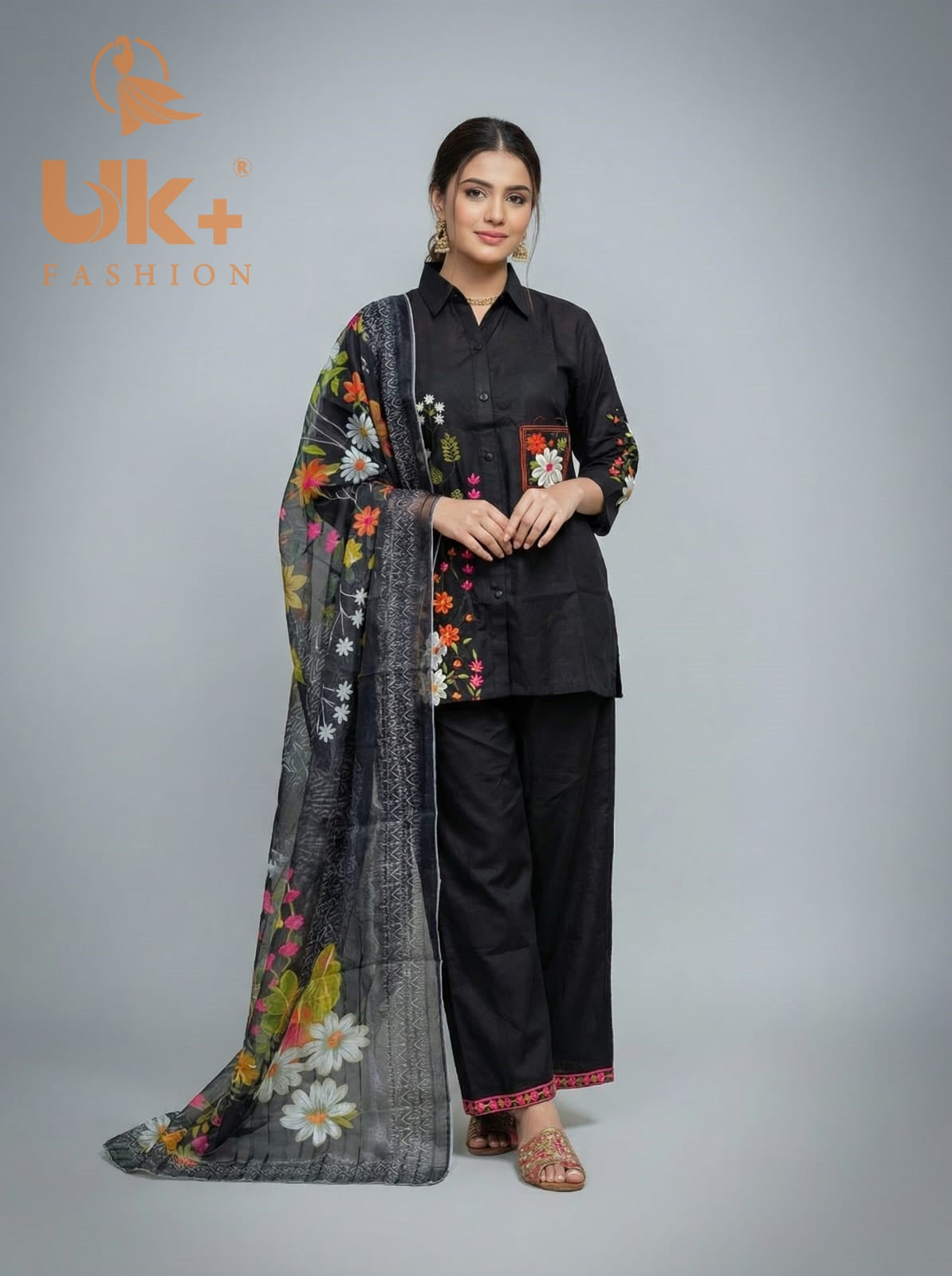 3Pc Embroidered Cotton Shirt, Plazo, Dupatta