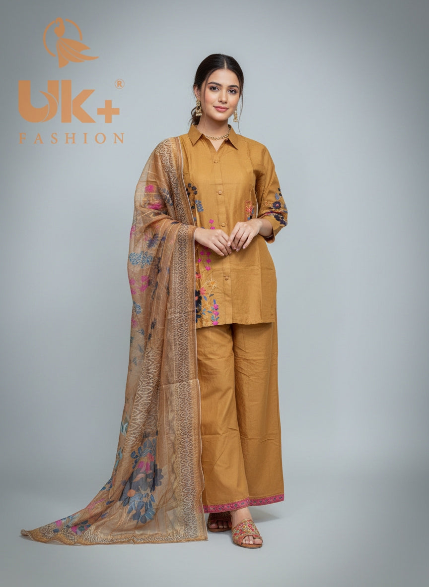 3Pc Embroidered Cotton Shirt, Plazo, Dupatta