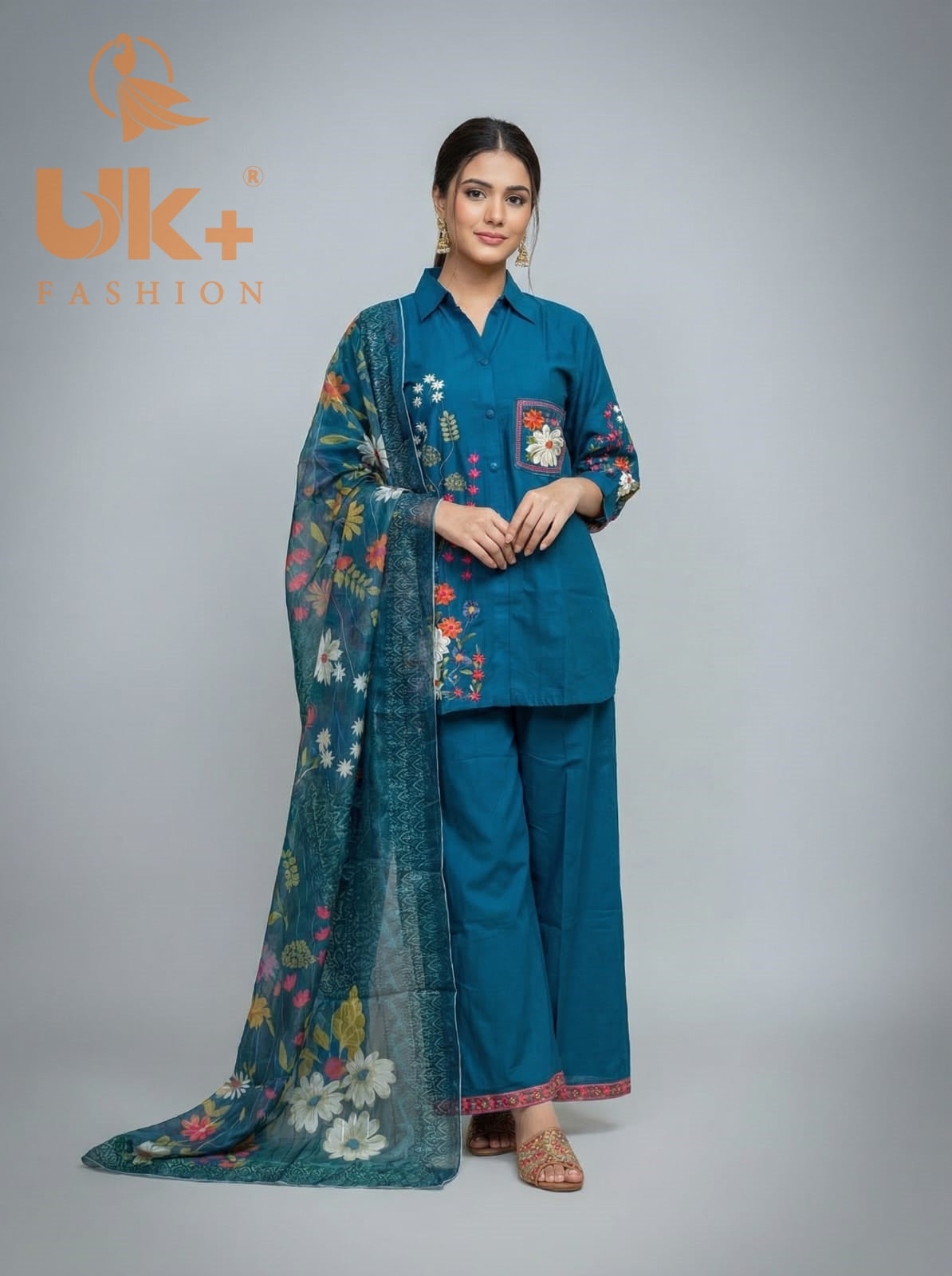 3Pc Embroidered Cotton Shirt, Plazo, Dupatta