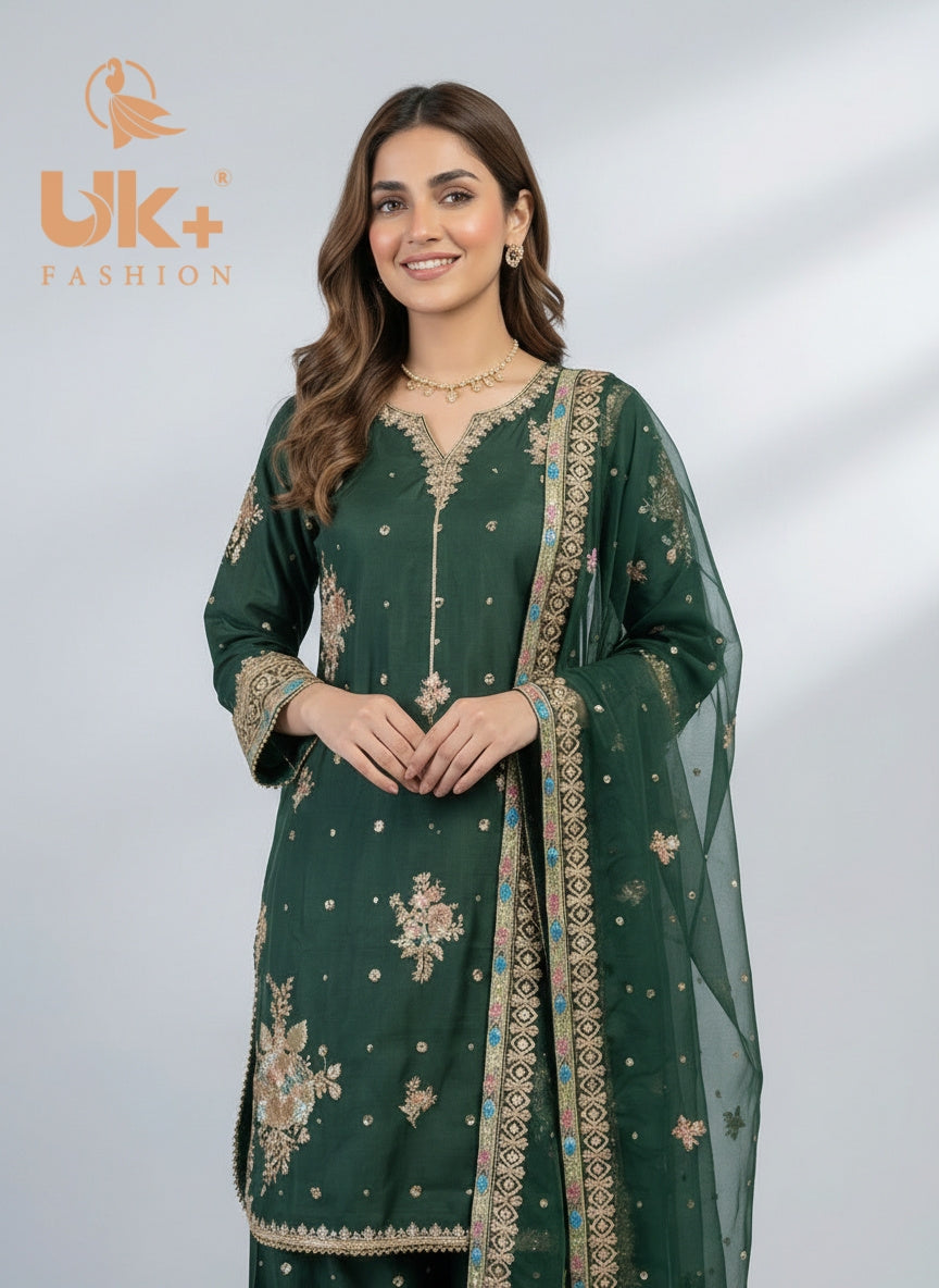 3Pc Embroidered Kattan Silk Shirt, Farshi Shalwar, Dupatta