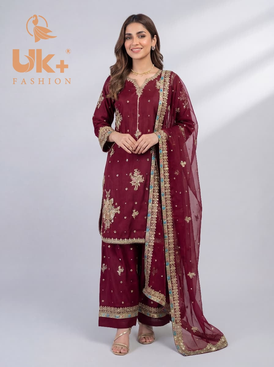 3Pc Embroidered Kattan Silk Shirt, Farshi Shalwar, Dupatta