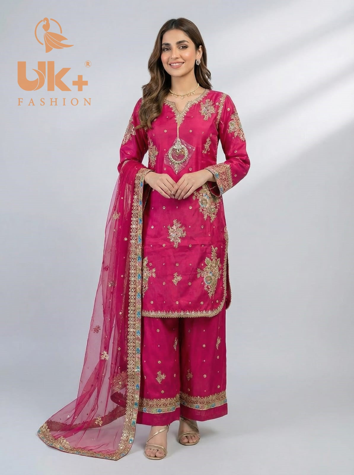 3Pc Embroidered Kattan Silk Shirt, Farshi Shalwar, Dupatta