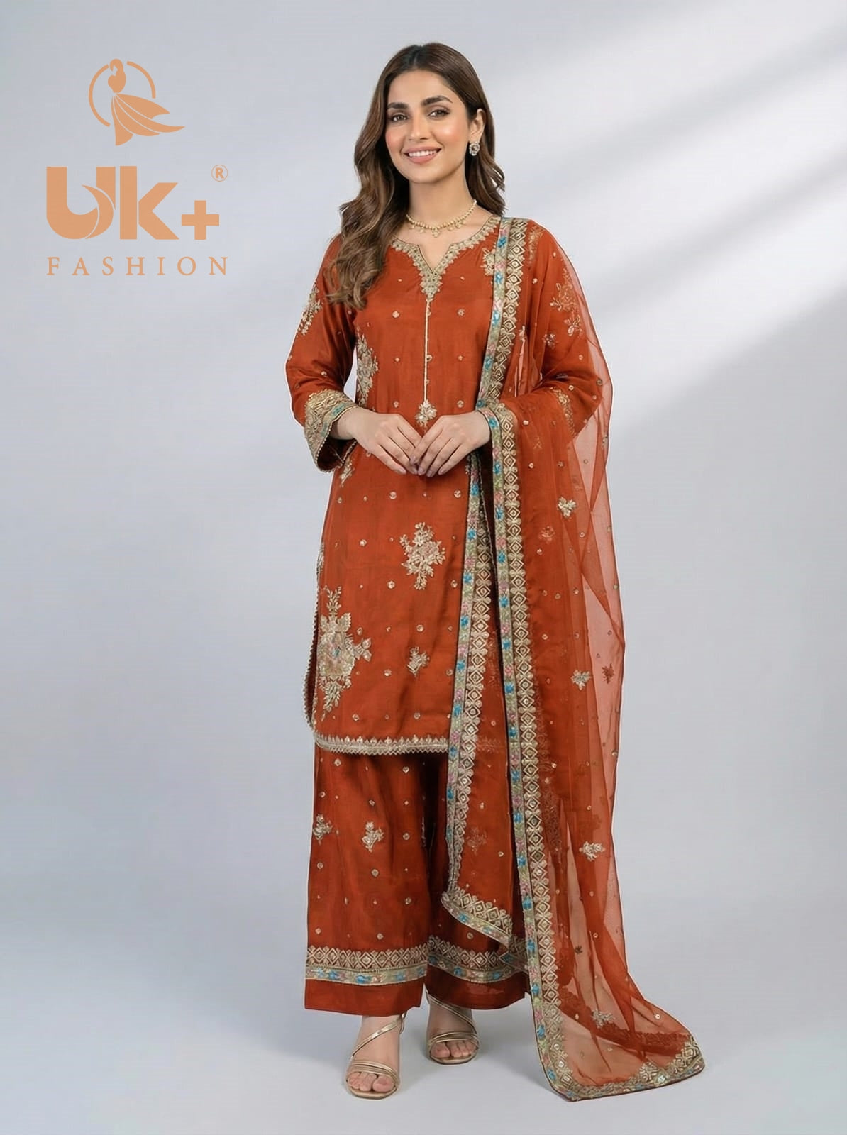 3Pc Embroidered Kattan Silk Shirt, Farshi Shalwar, Dupatta