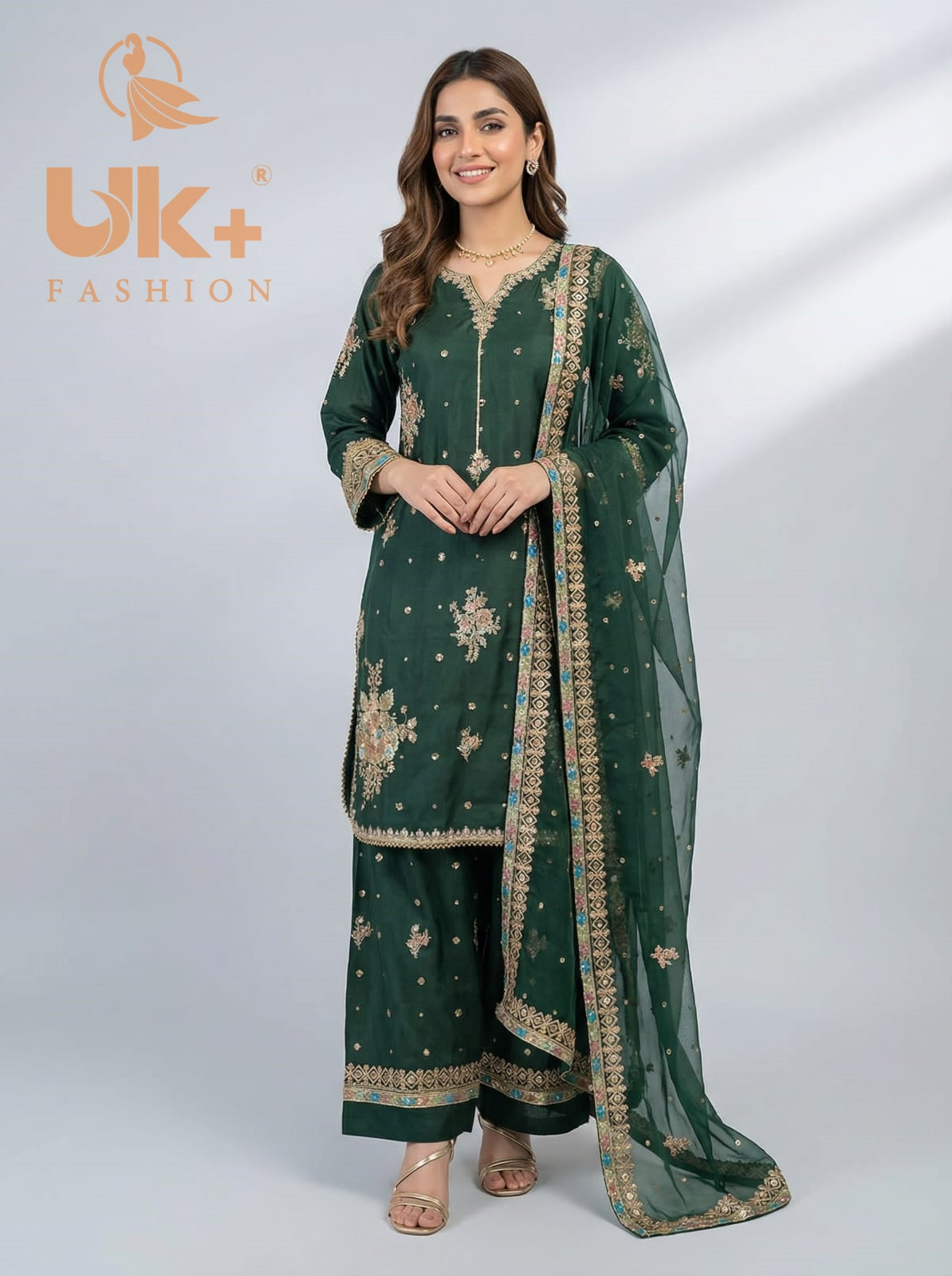 3Pc Embroidered Kattan Silk Shirt, Farshi Shalwar, Dupatta