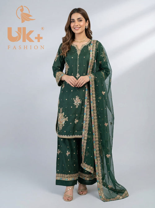 3Pc Embroidered Kattan Silk Shirt, Farshi Shalwar, Dupatta