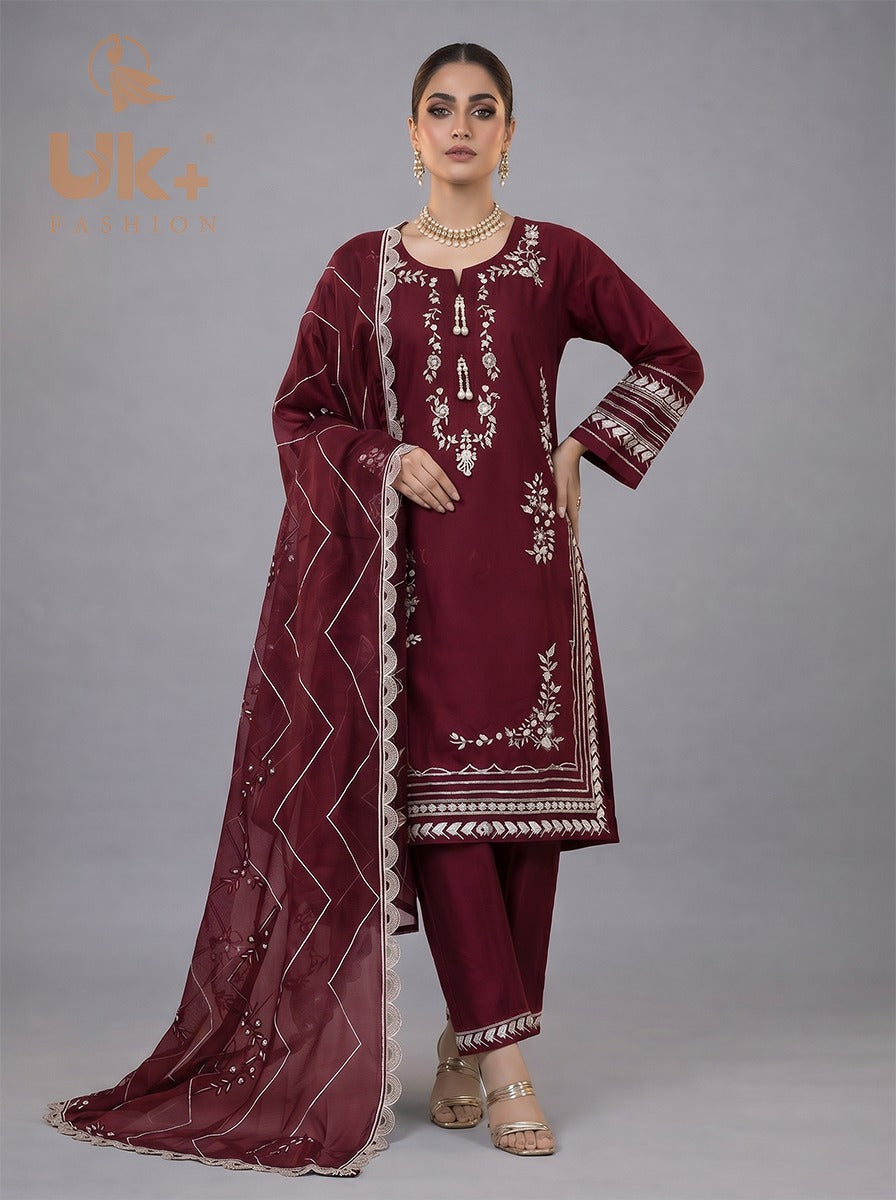 3pc Embroidered Pure lawn Shirt, Touser, Dupatta