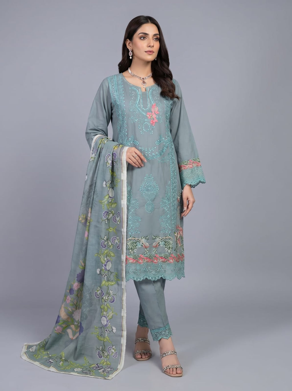 3Pc Embroidered Cotton Shirt, Trouser, Dupatta