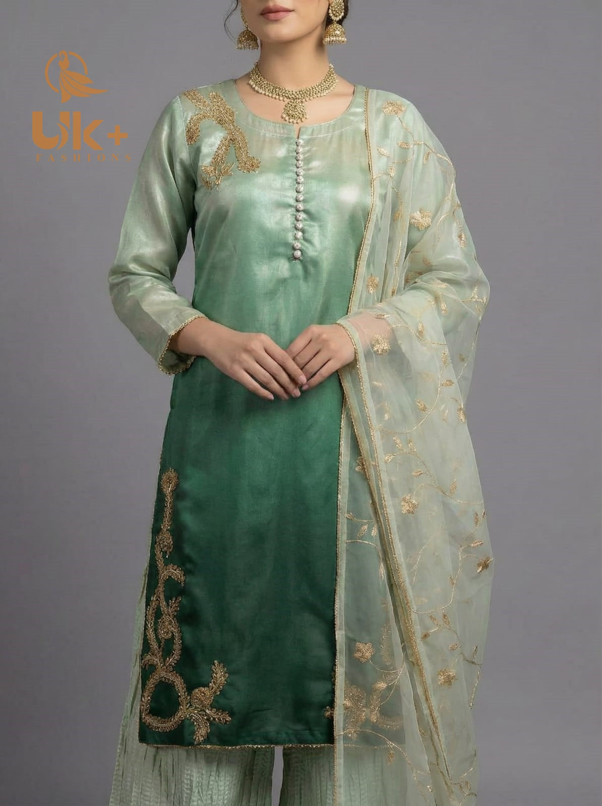 3Pc Embroided Sheesha Silk Shirt, Crash Plazo, Dupatta