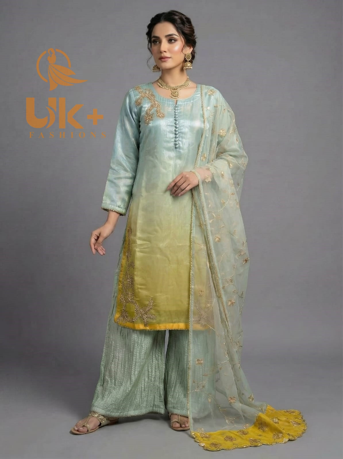3Pc Embroided Sheesha Silk Shirt, Crash Plazo, Dupatta