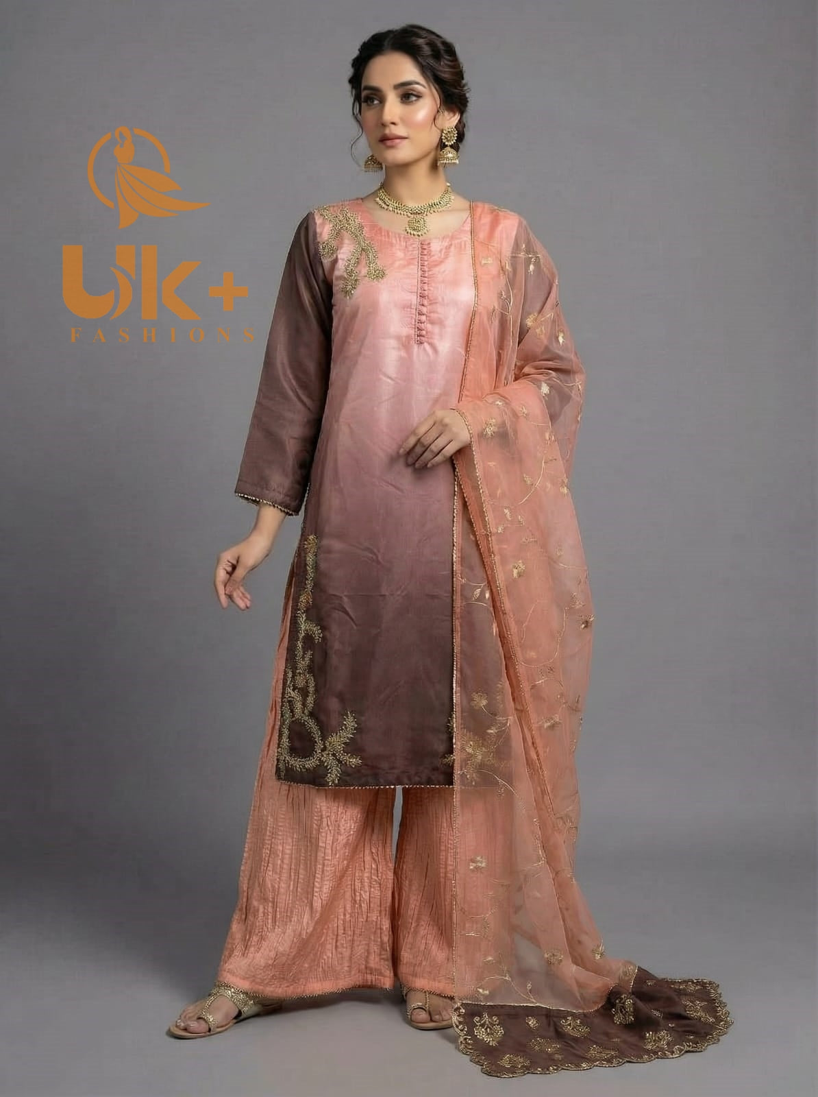 3Pc Embroided Sheesha Silk Shirt, Crash Plazo, Dupatta