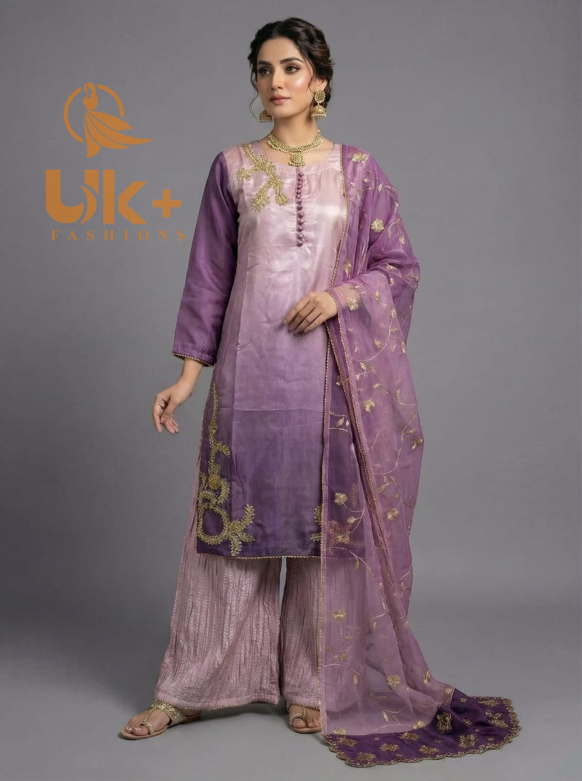 3Pc Embroided Sheesha Silk Shirt, Crash Plazo, Dupatta