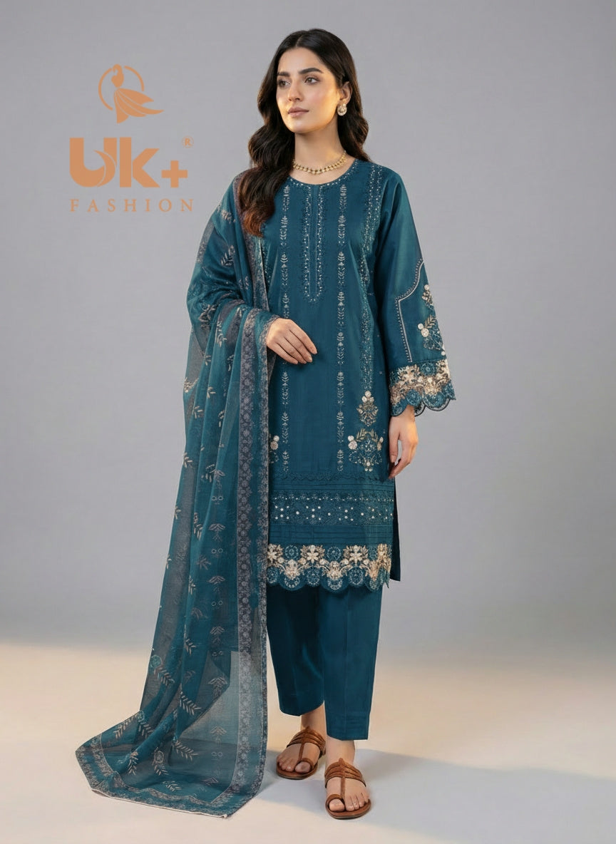 3Pc Embroidered Cotton Shirt, Toruser, Dupatta