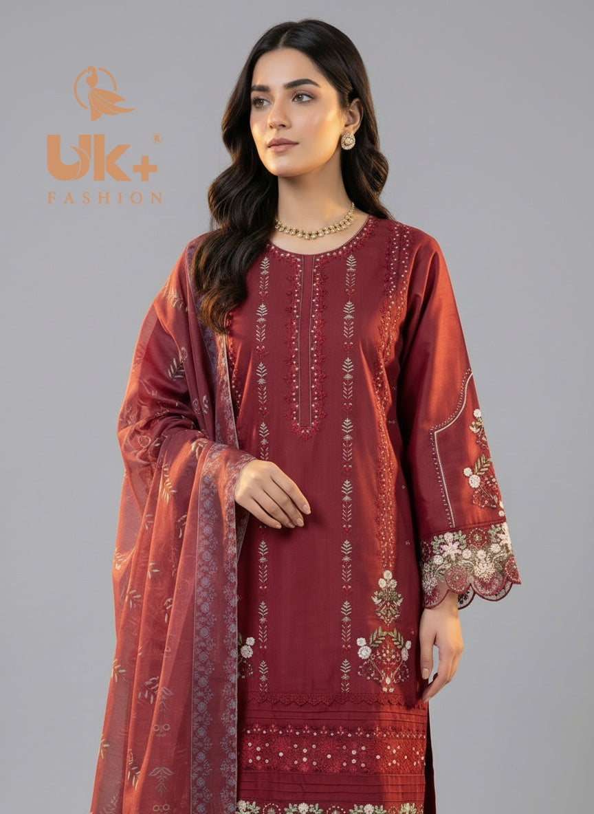 3Pc Embroidered Cotton Shirt, Toruser, Dupatta