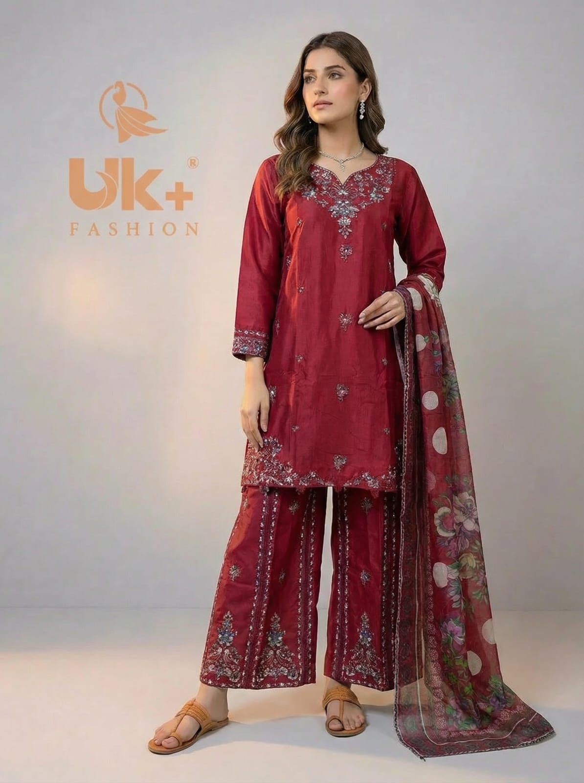 3Pc Embroidered Cotton Shirt, Plazo, Dupatta