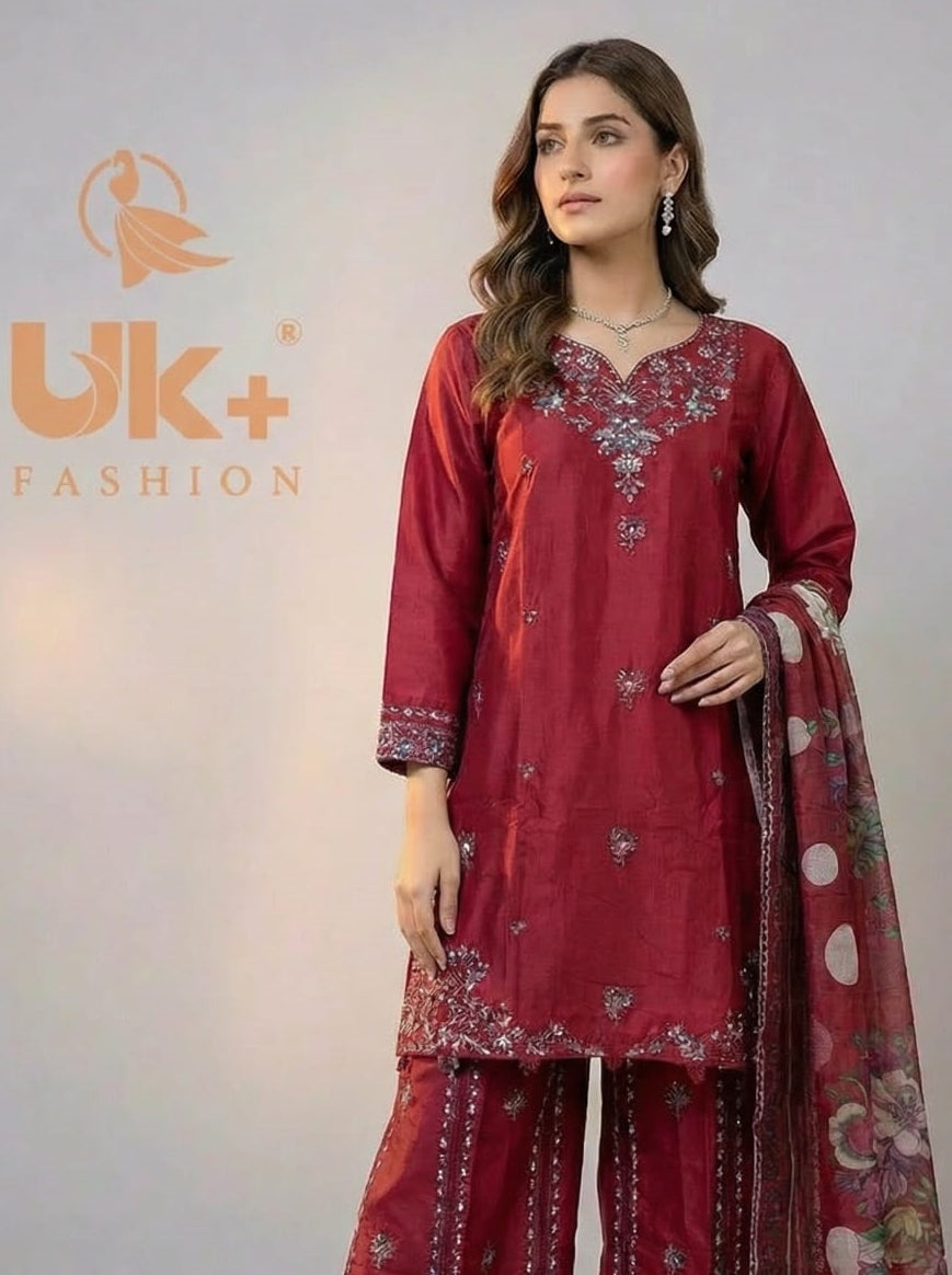 3Pc Embroidered Cotton Shirt, Plazo, Dupatta