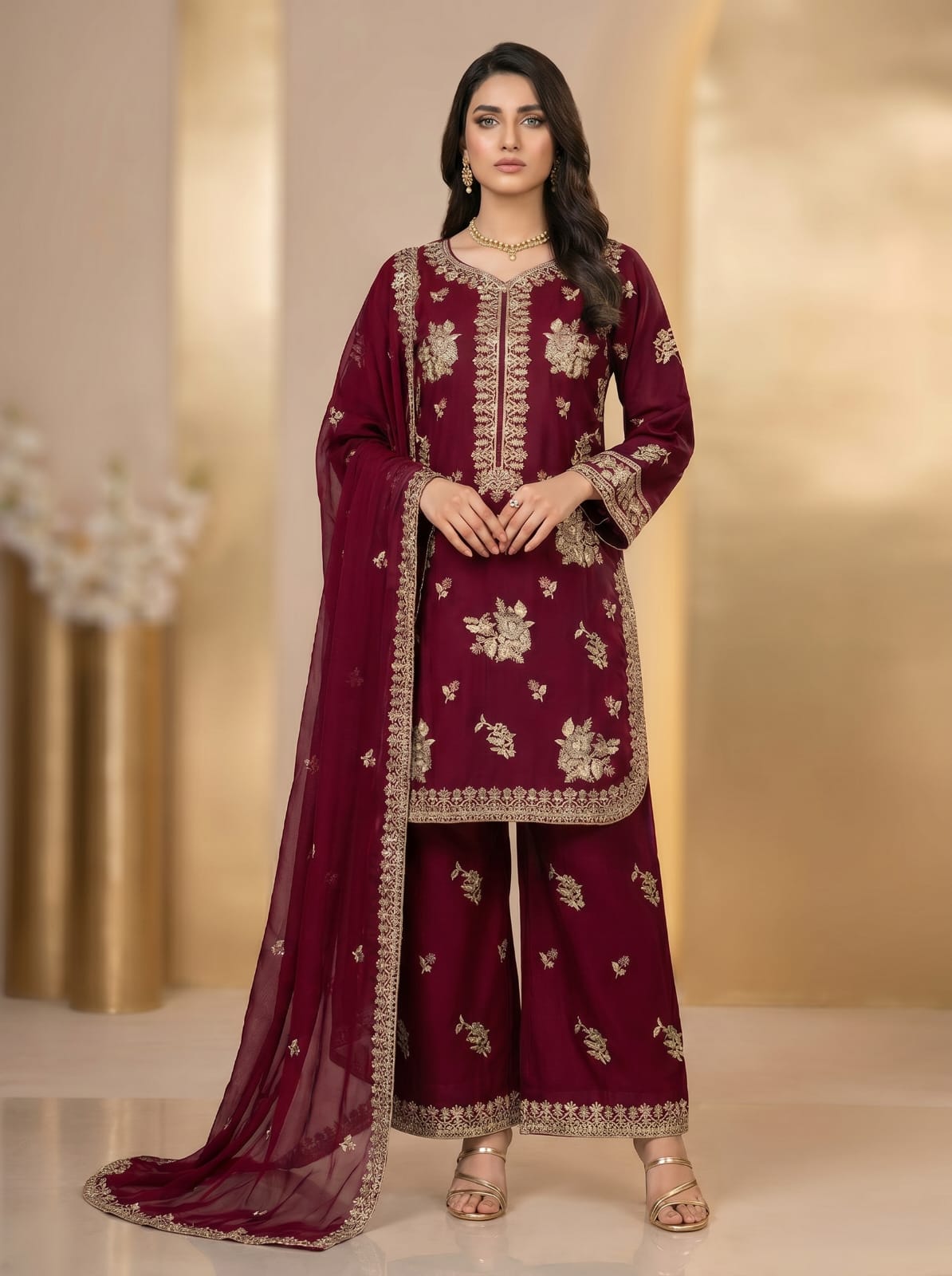 3pc pure lawn shirt, Plazo, dupatta