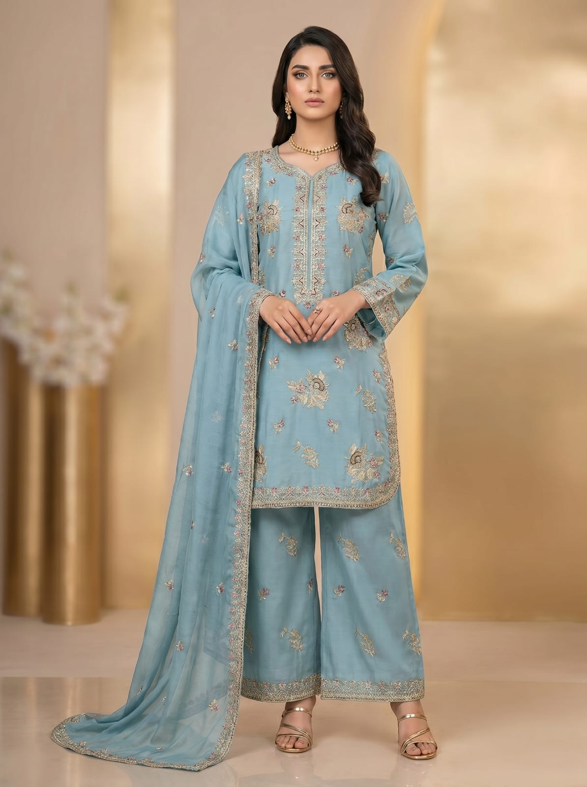 3pc pure lawn shirt, Plazo, dupatta
