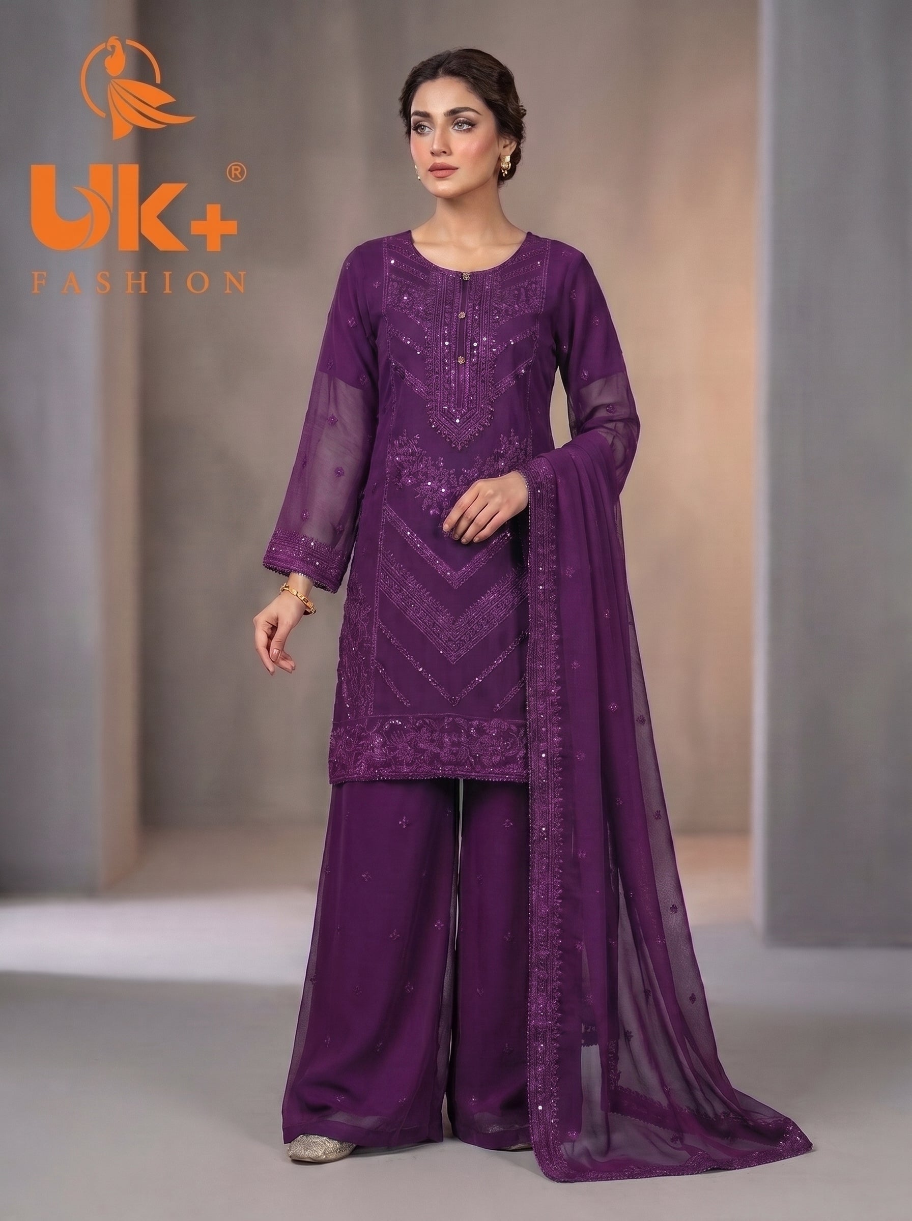 3Pc Embroided Chiffon Shirt, Plazo, Dupatta
